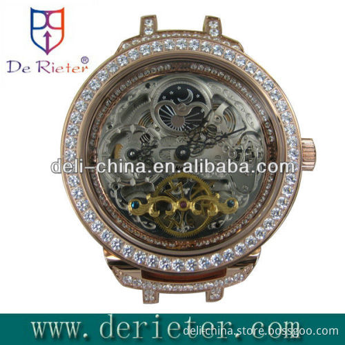 Men Stainless Steel Automatic Skeleton Watches with Diamond